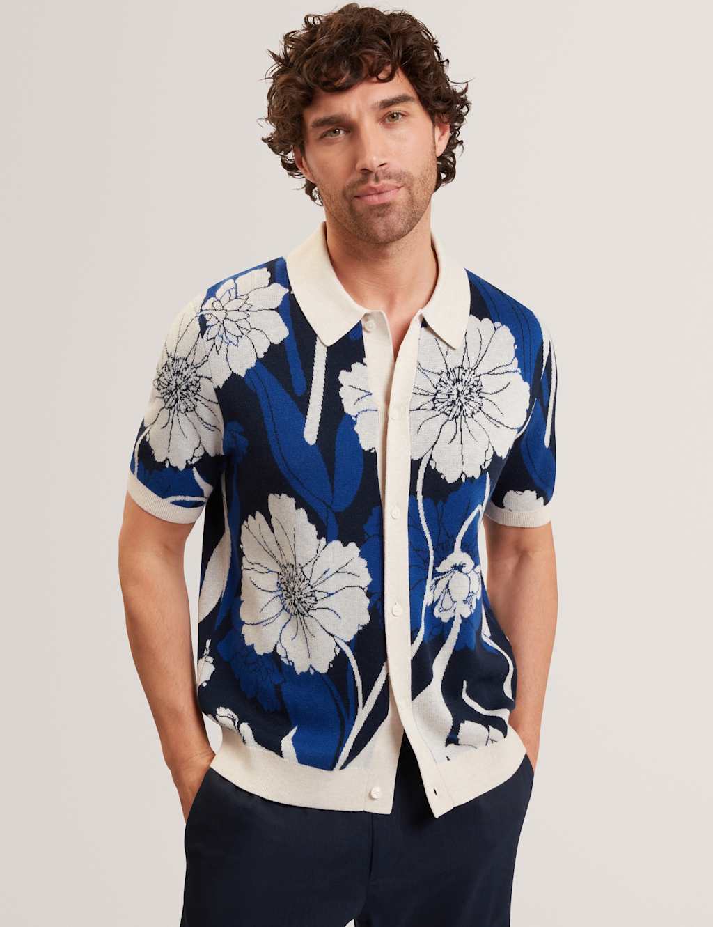 Ted Baker Men's Floral Short Sleeve Knitted Shirt with Wool - L - Dark Blue - Available at M&S
