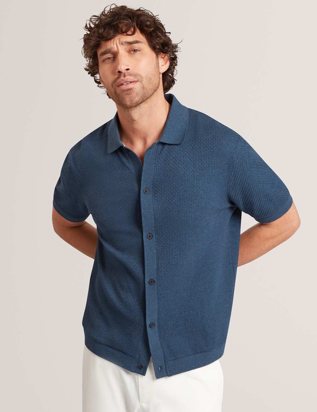 Ted Baker Men's Textured Button Through Knitted Polo Shirt - M - Navy - Available at M&S
