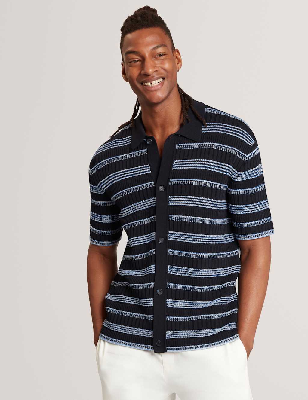 Ted Baker Men's Pure Cotton Striped Short Sleeve Knitted Shirt - L - Navy - Available at M&S