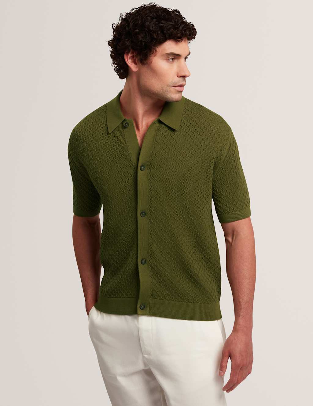 Ted Baker Men's Pure Cotton Crochet Polo Shirt - XL - Khaki - Available at M&S