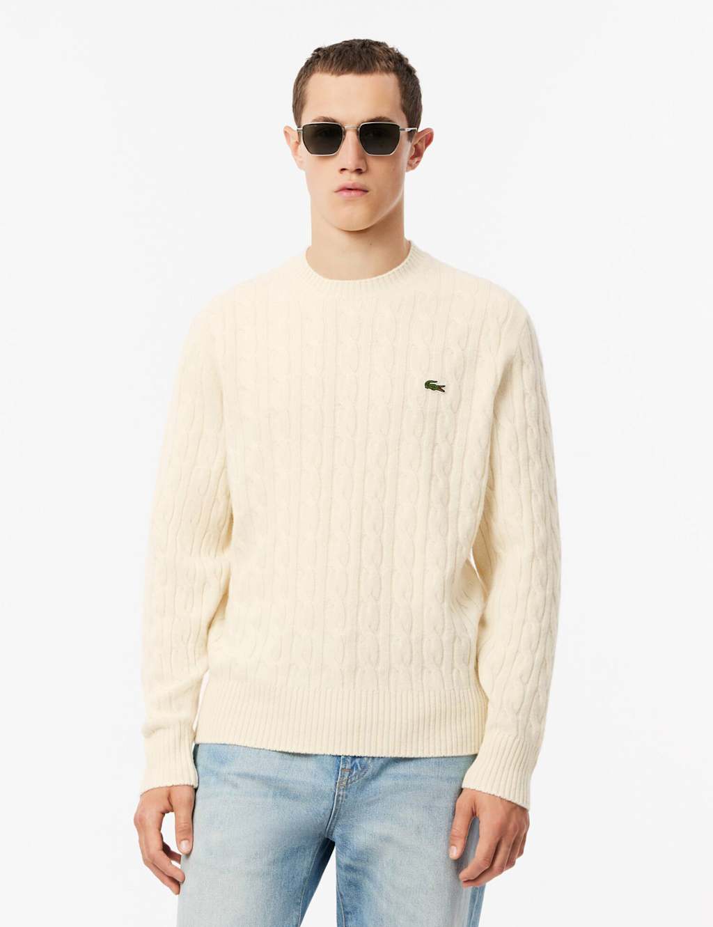 Lacoste Pure Wool Cable Crew Neck Jumper Cream