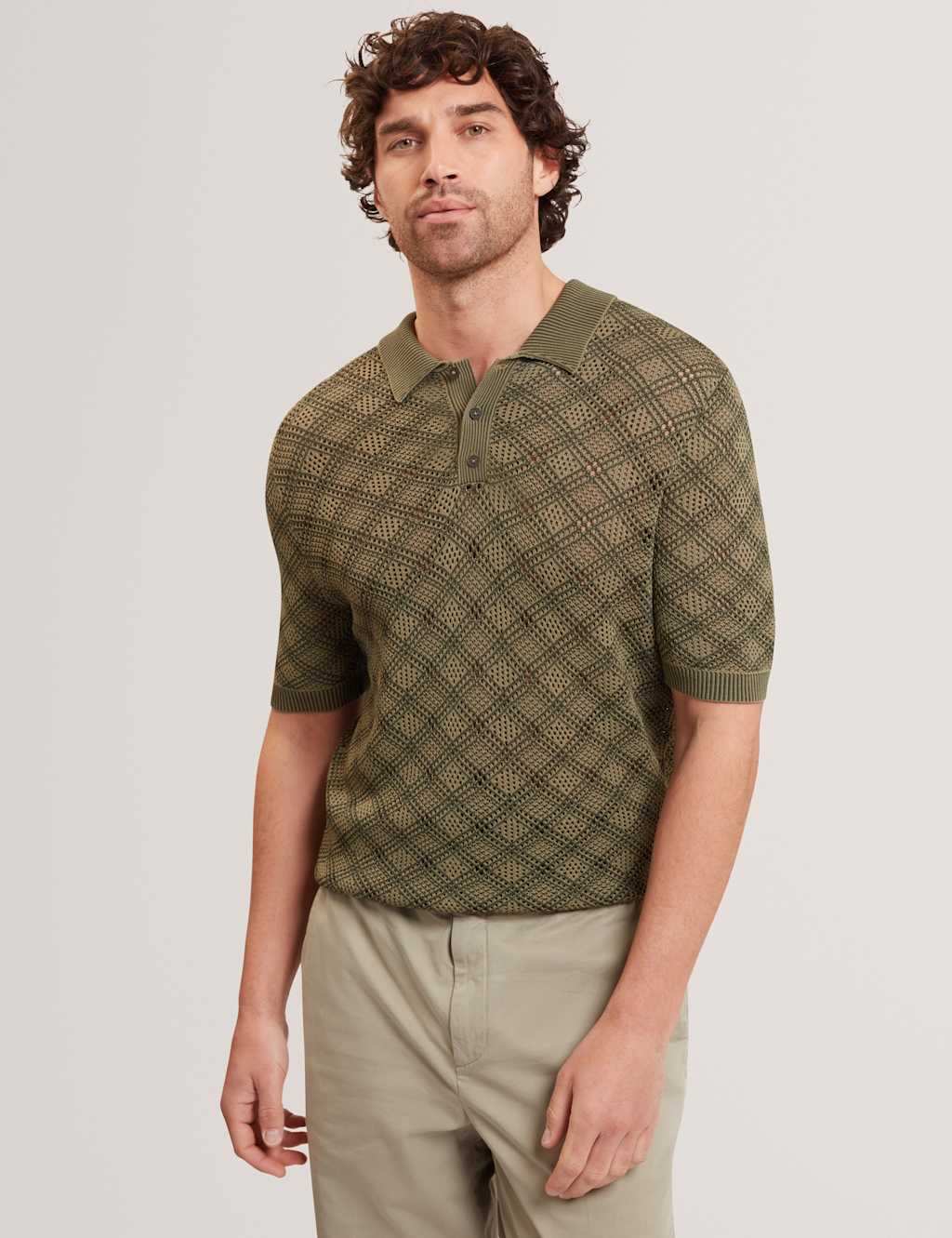 Ted Baker Men's Textured Geometric Open Stitch Polo Shirt - M - Khaki - Available at M&S