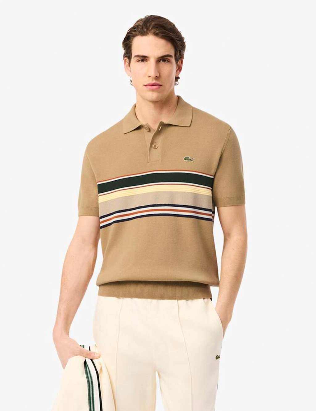 Lacoste Pure Cotton Striped Knitted Polo Shirt Beige