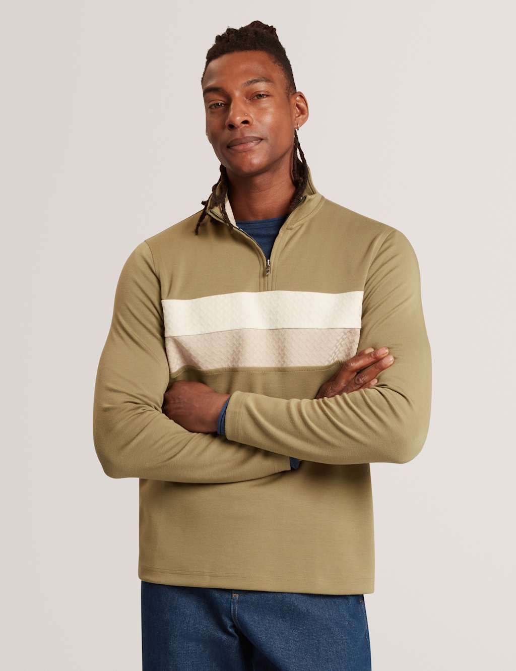 Ted Baker Men's Modal Blend Jersey Striped Half Zip Sweatshirt - S - Khaki - Available at M&S