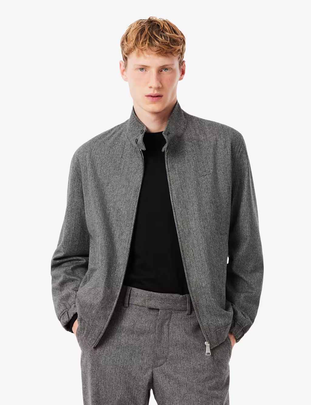 Lacoste Wool Rich Herringbone Harrington Jacket Grey