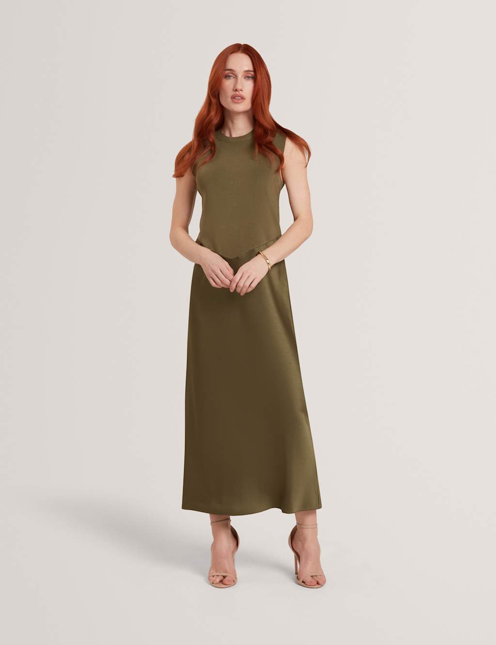 Ted Baker Women's High Neck Knitted Panel Maxi Column Dress - 10 - Khaki - Available at M&S