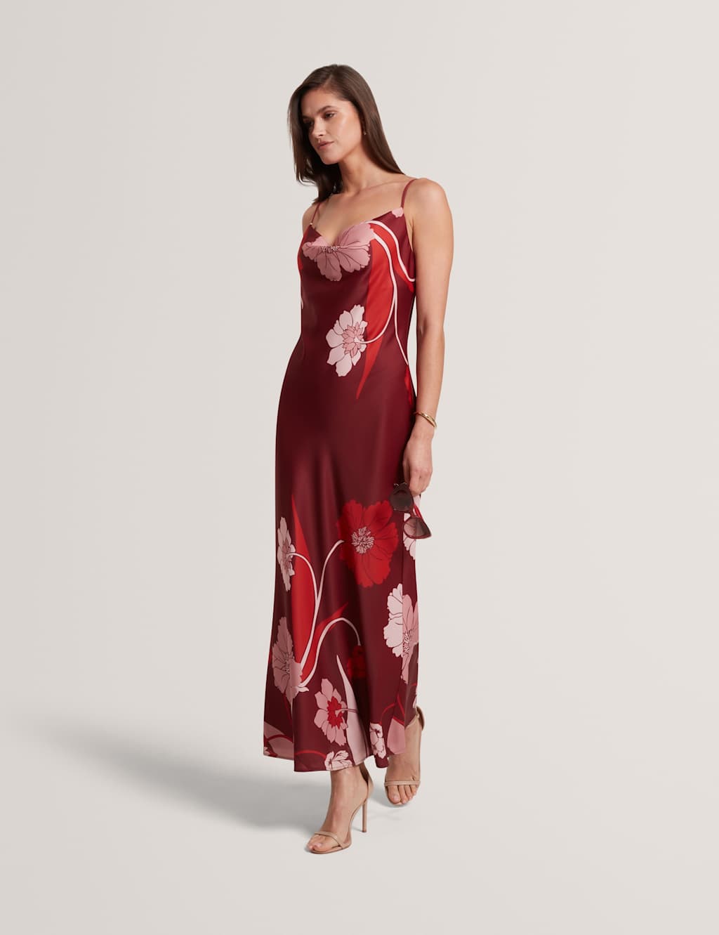 Ted Baker Floral Cowl Neck Maxi Slip Dress Dark Red