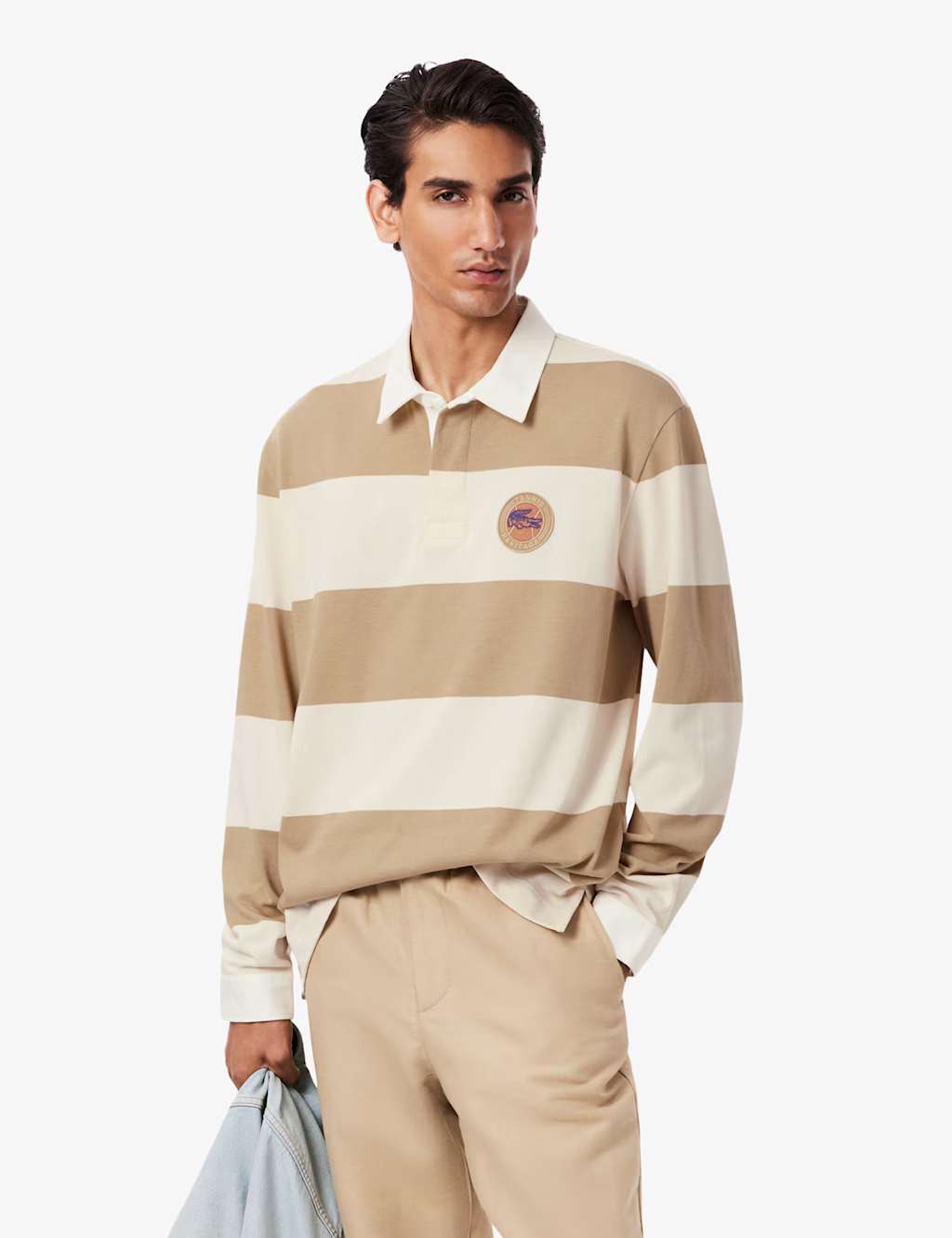 Lacoste Pure Cotton Striped Long Sleeve Polo Shirt Beige