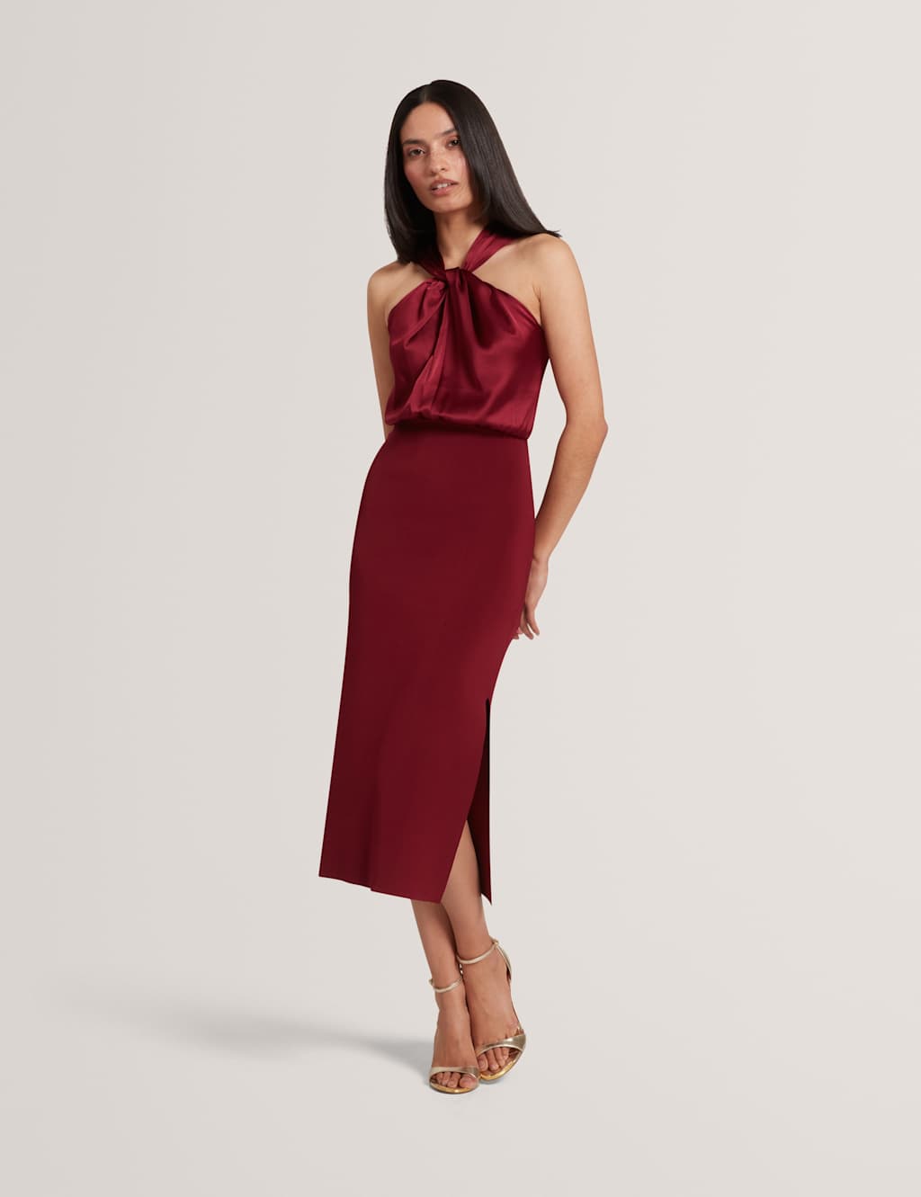Ted Baker Women's Knitted Halter Neck Midi Waisted Dress - 12 - Dark Red - Available at M&S