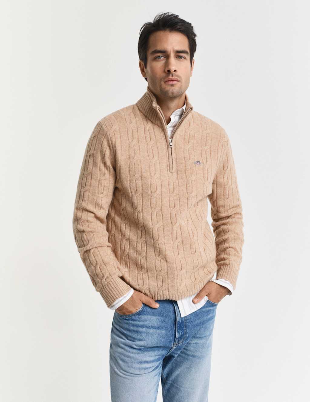 GANT Pure Lambswool Cable Half Zip Jumper Khaki