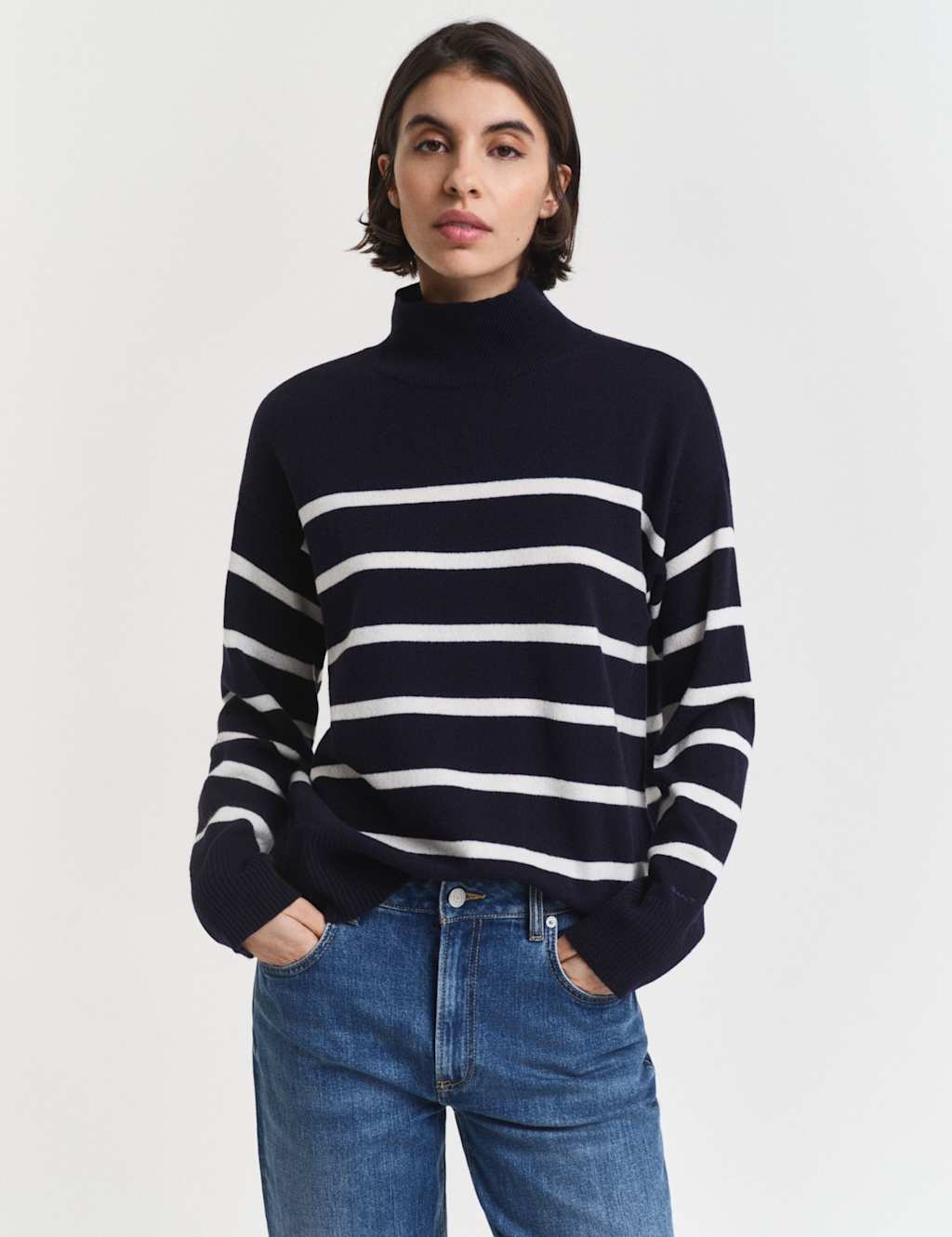 GANT Pure Wool Striped High Neck Jumper Navy Mix