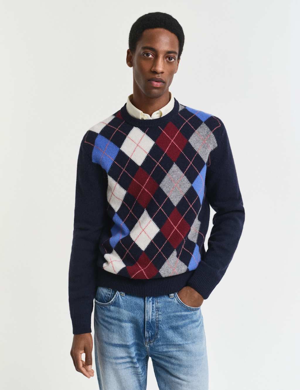 GANT Wool Rich Argyle Crew Neck Jumper Dark Navy Mix