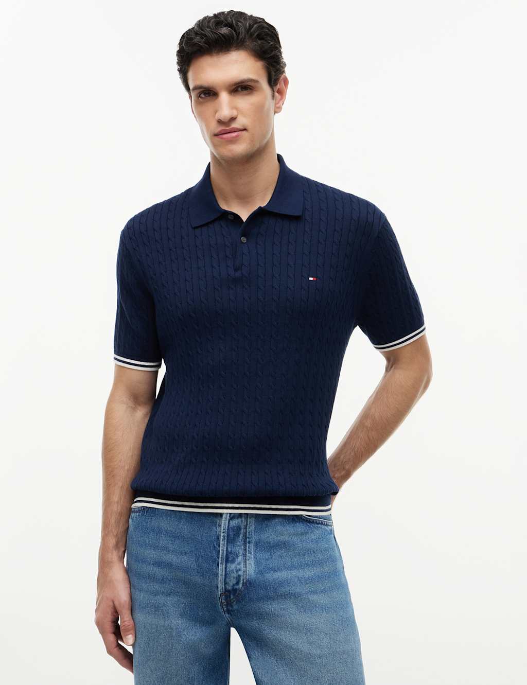 Tommy Hilfiger Men's Pure Cotton Cable Knit Polo Shirt - XL - Navy - Available at M&S