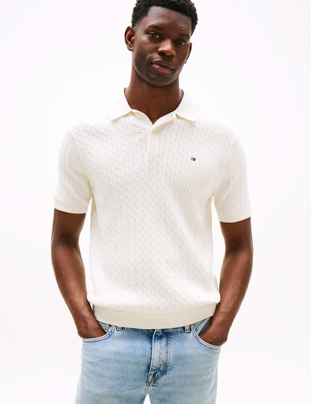 Tommy Hilfiger Men's Pure Cotton Cable Knit Polo Shirt - L - Ivory - Available at M&S