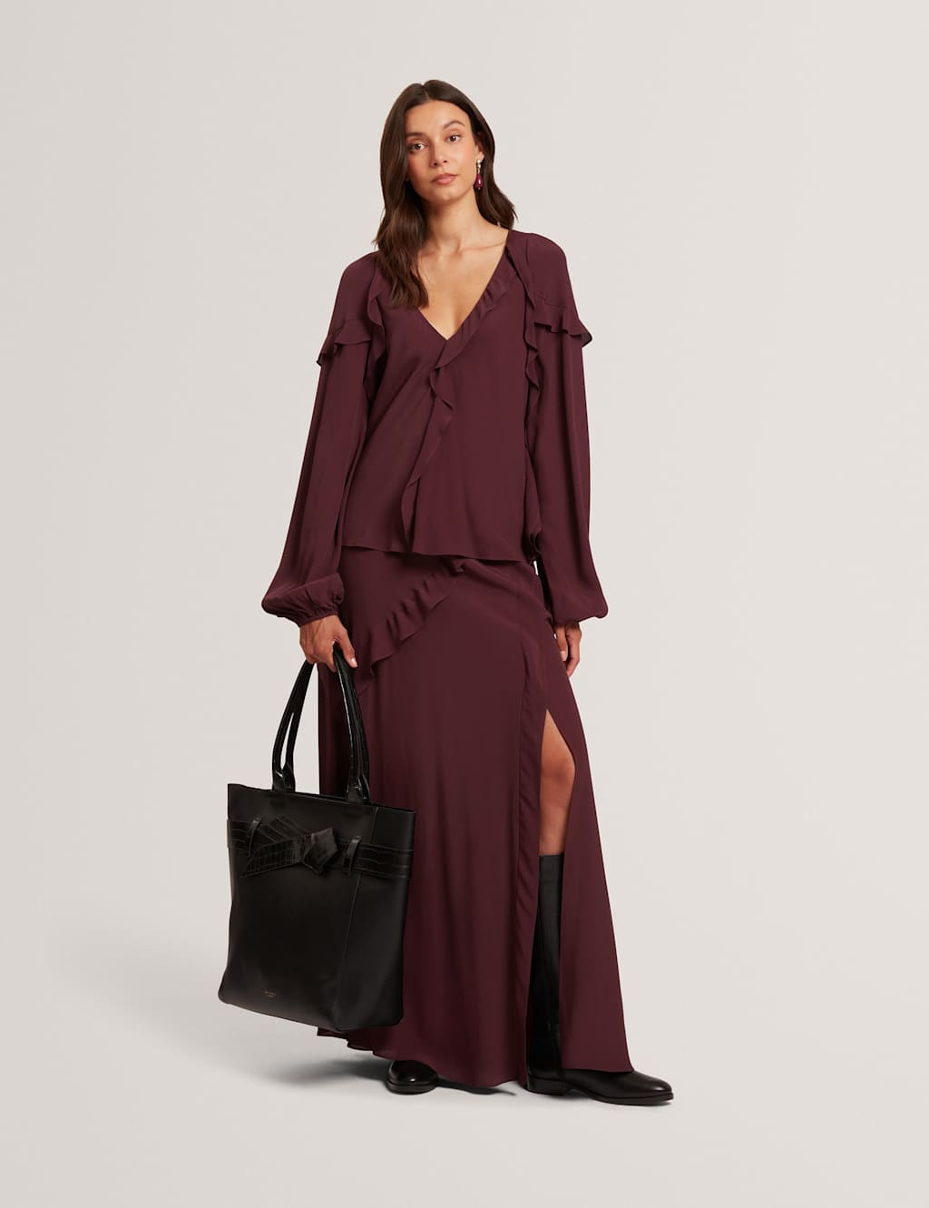 Ted Baker V-Neck Frill Detail Blouson Sleeve Blouse Dark Red