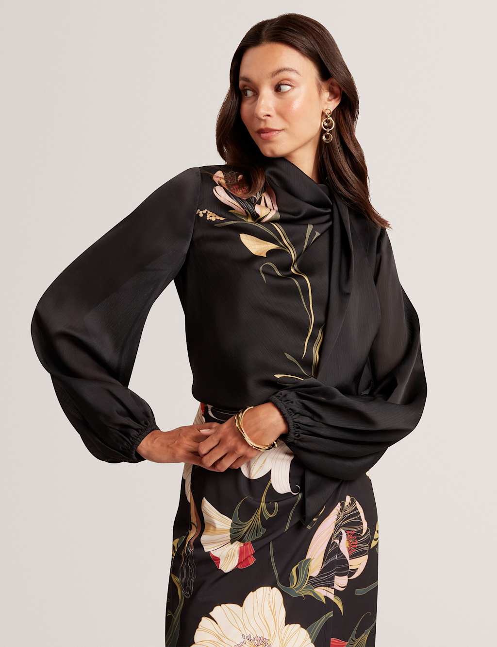 Ted Baker Floral Scarf Neck Blouson Sleeve Blouse Black