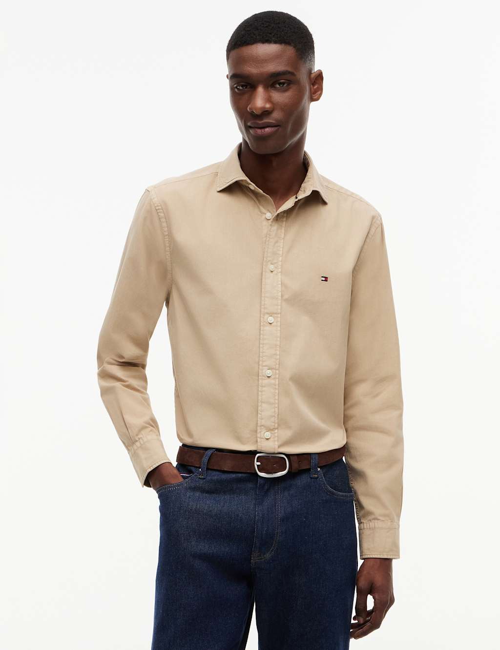 Tommy Hilfiger Men's Regular Fit Pure Cotton Garment Dye Shirt - M - Stone - Available at M&S