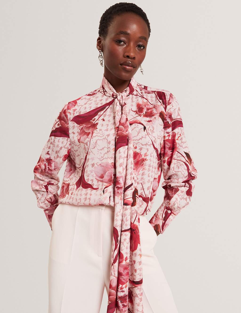 Ted Baker Floral Tie Neck Shirt Light Pink