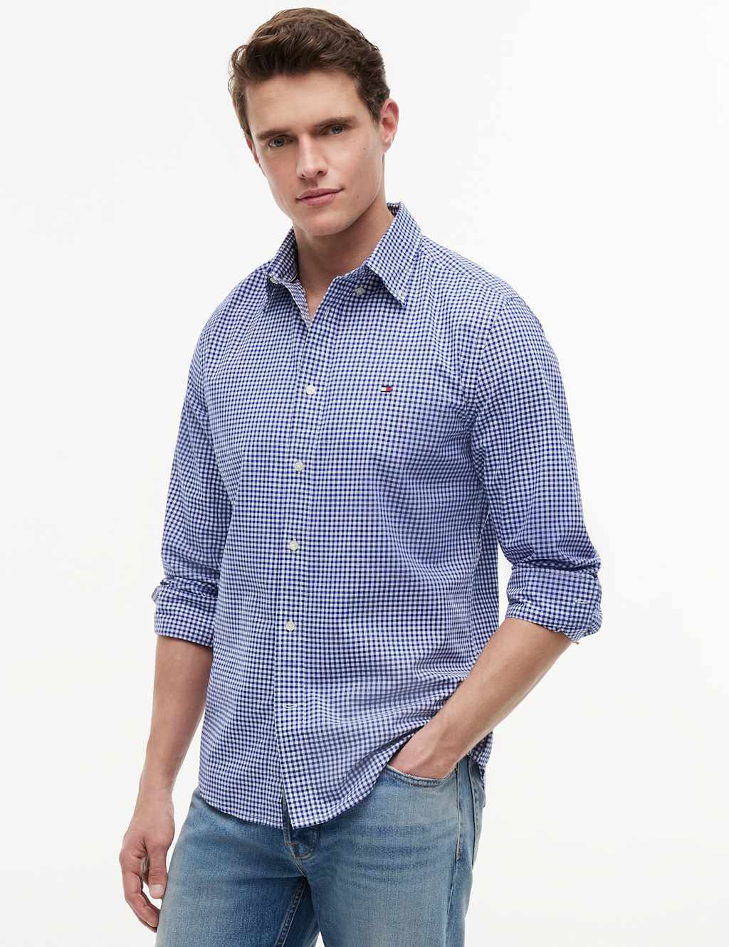 Tommy Hilfiger Men's Regular Fit Pure Cotton Gingham Check Shirt - L - Blue Mix - Available at M&S