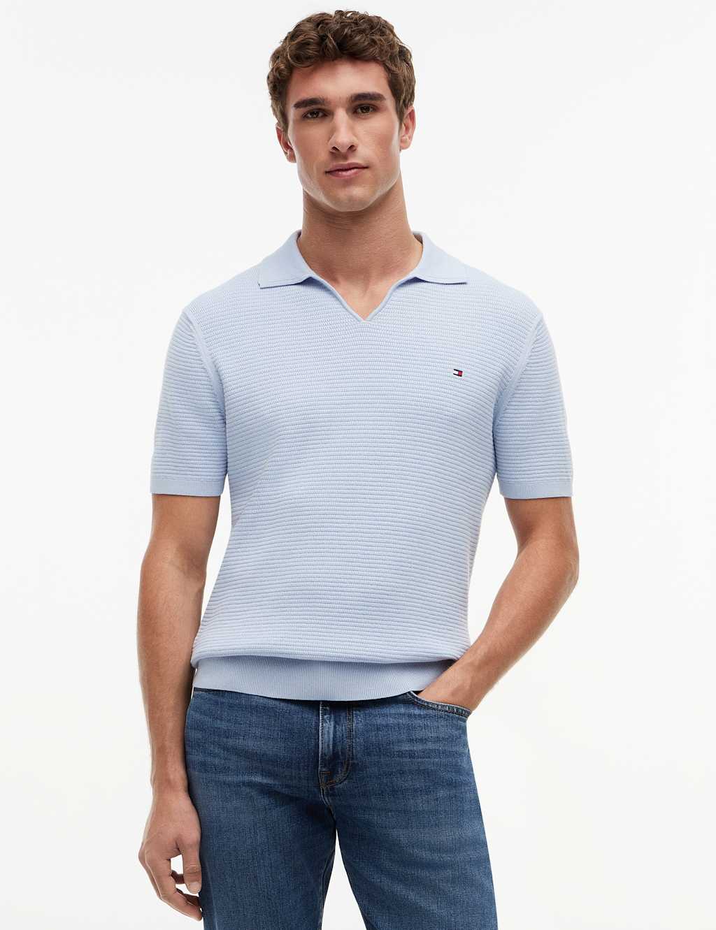 Tommy Hilfiger Men's Pure Cotton Textured Knitted Polo Shirt - M - Light Blue - Available at M&S