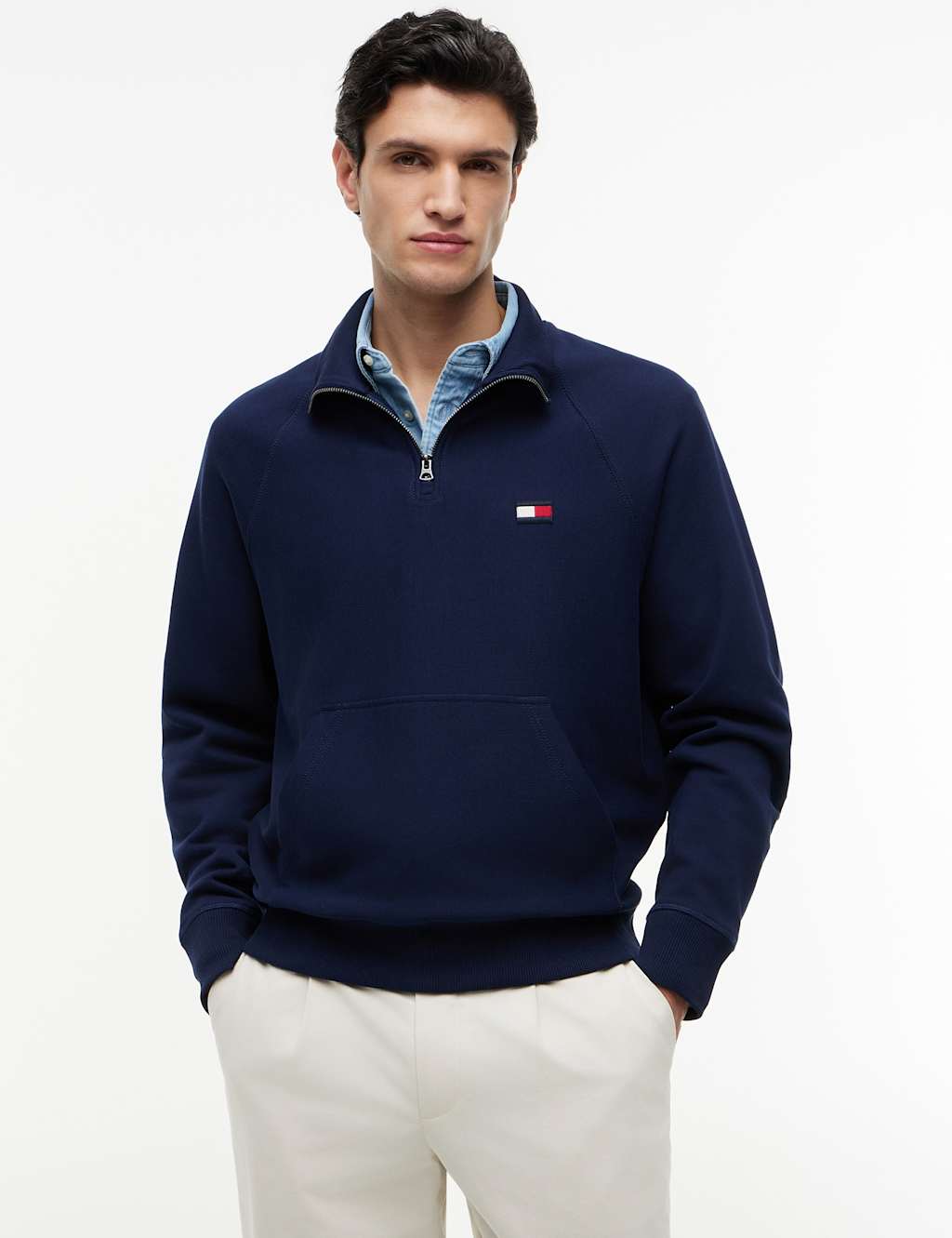 Tommy Hilfiger Men's Elevated Pure Cotton Half Zip Sweatshirt - M - Navy - Available at M&S