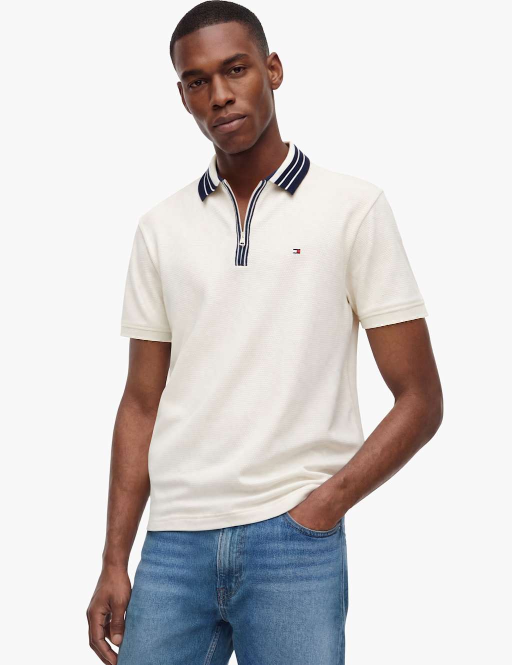 Tommy Hilfiger Men's Regular Fit Textured Zip Polo Shirt - XL - Ivory - Available at M&S