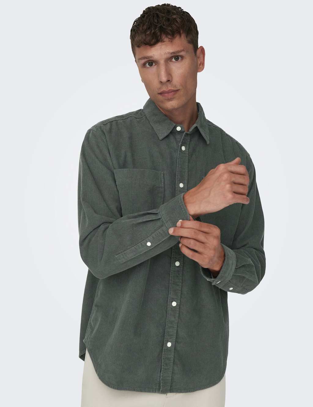 ONLY & SONS Regular Fit Pure Cotton Corduroy Shirt Green