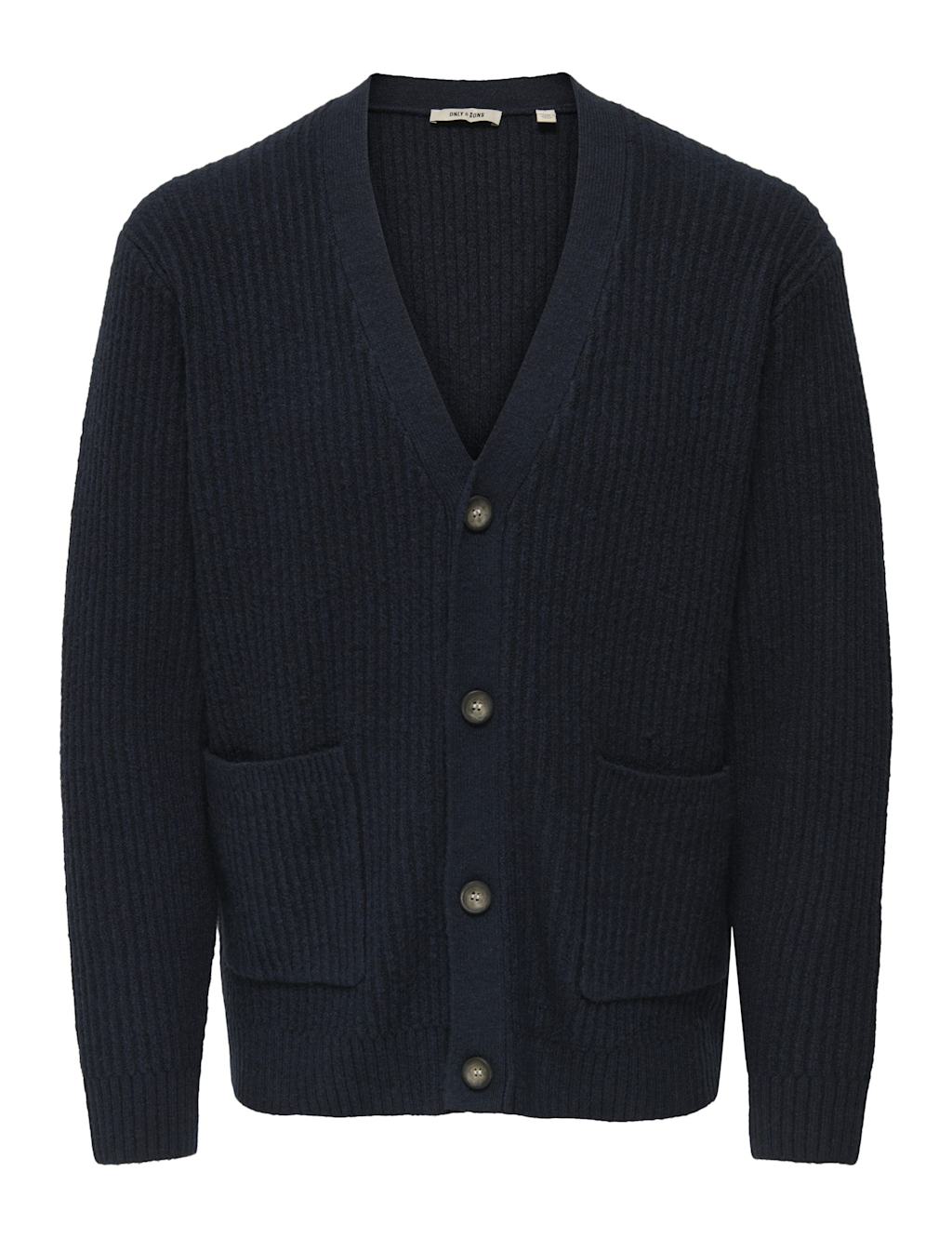 ONLY & SONS Cotton Rich Textured V-Neck Cardigan Dark Navy