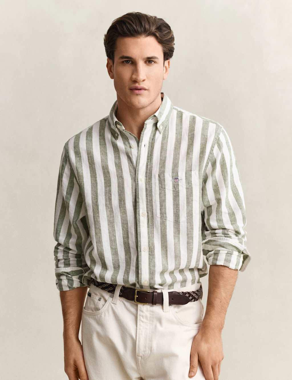 Gant Men's Regular Fit Cotton Linen Striped Shirt - L - Green Mix - Available at M&S