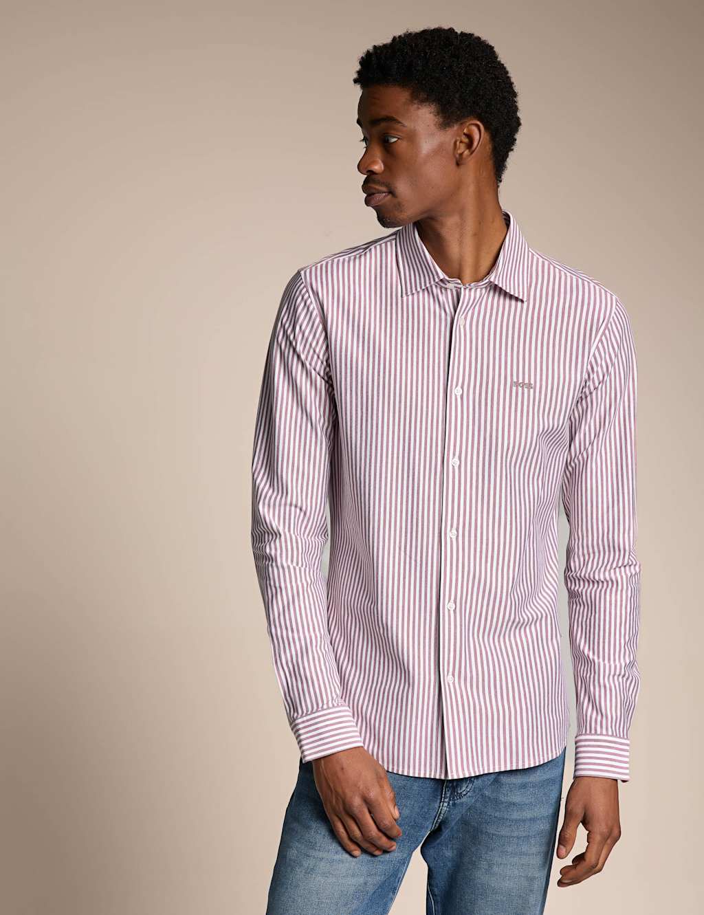 Boss Men's Slim Fit Pure Cotton Striped Shirt - M - Red Mix - Available at M&S