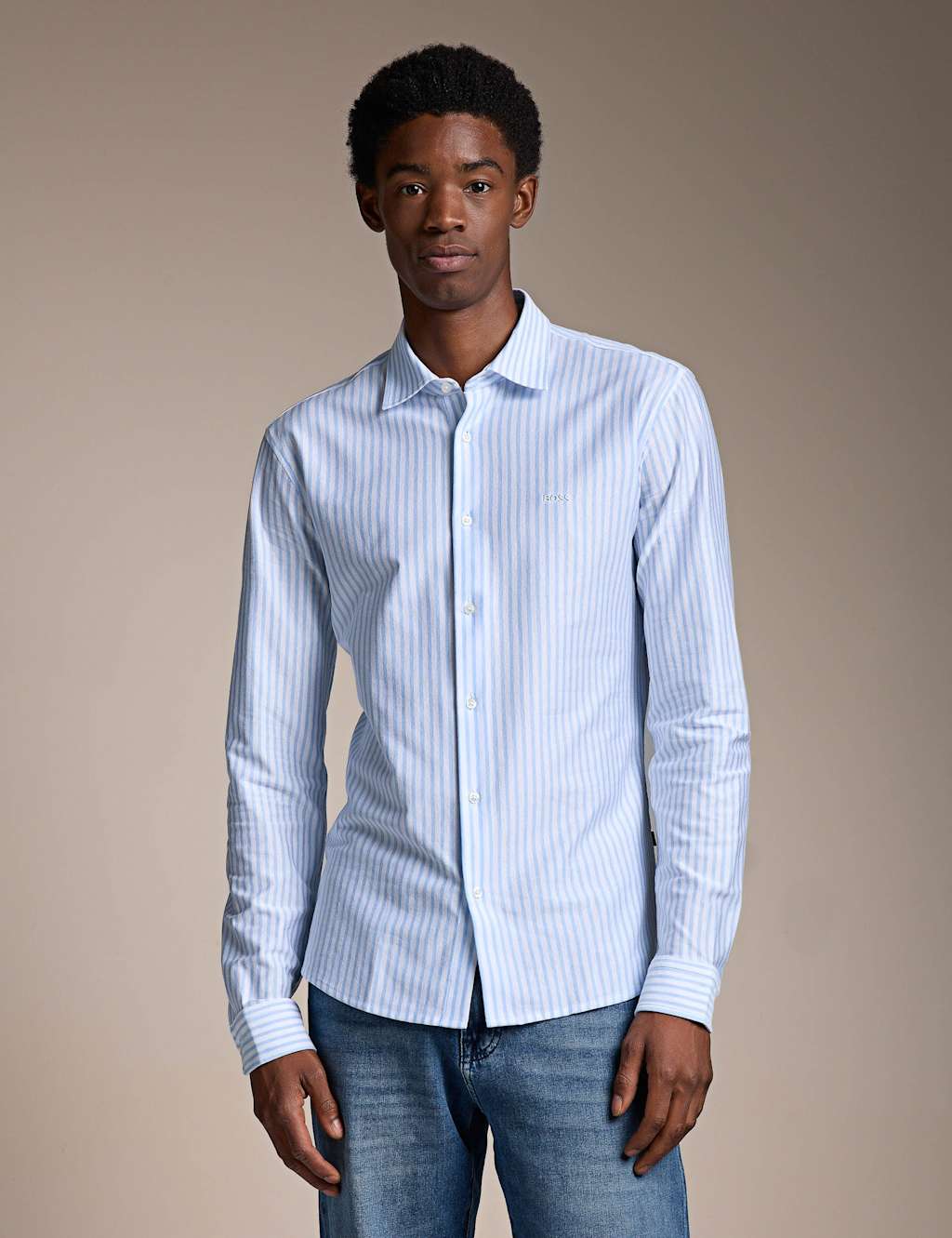 Boss Men's Slim Fit Pure Cotton Striped Shirt - 2XL - Light Blue - Available at M&S
