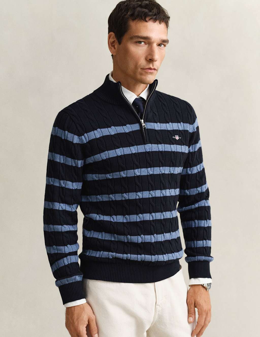 Gant Men's Pure Cotton Striped Half Zip Cable Jumper - L - Blue Mix - Available at M&S