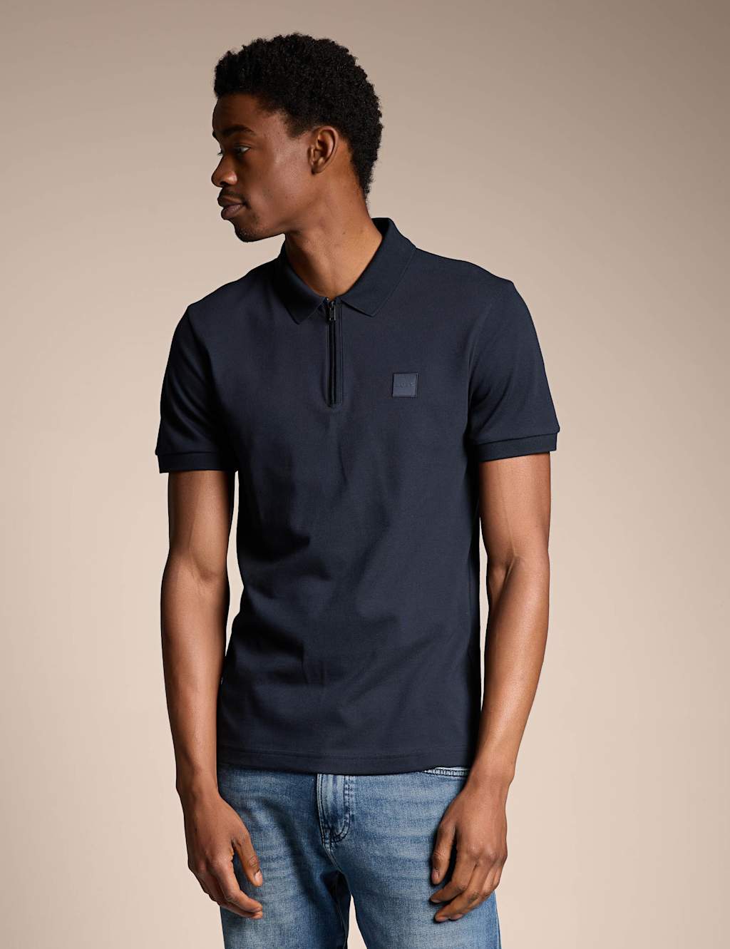 Boss Men's Slim Fit Cotton Rich Zip Polo Shirt - L - Navy - Available at M&S