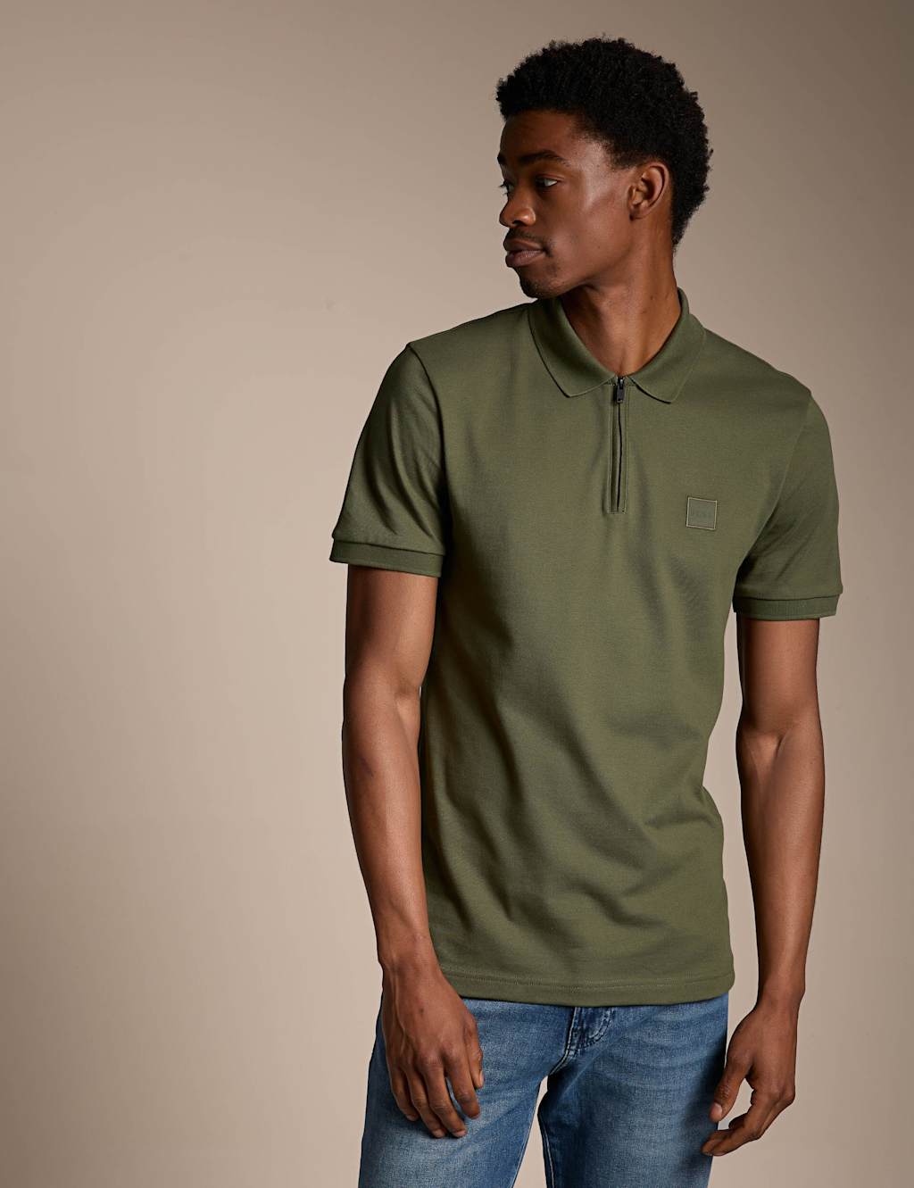 Boss Men's Slim Fit Cotton Rich Zip Polo Shirt - 2XL - Khaki - Available at M&S