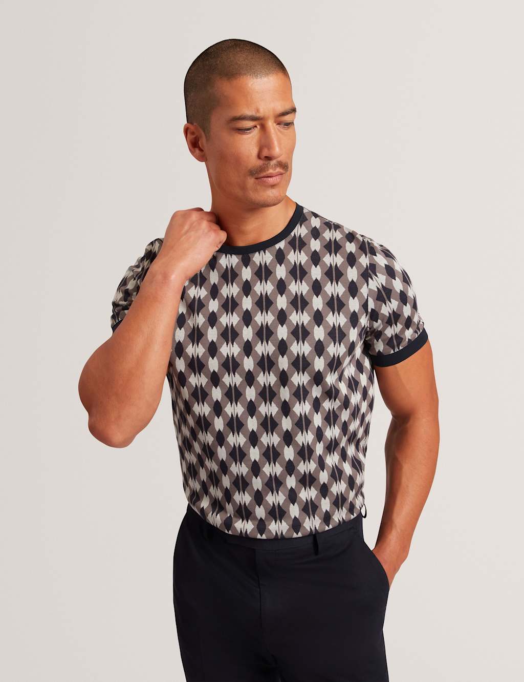 Ted Baker Pure Cotton Jacquard Geometric T-Shirt Navy