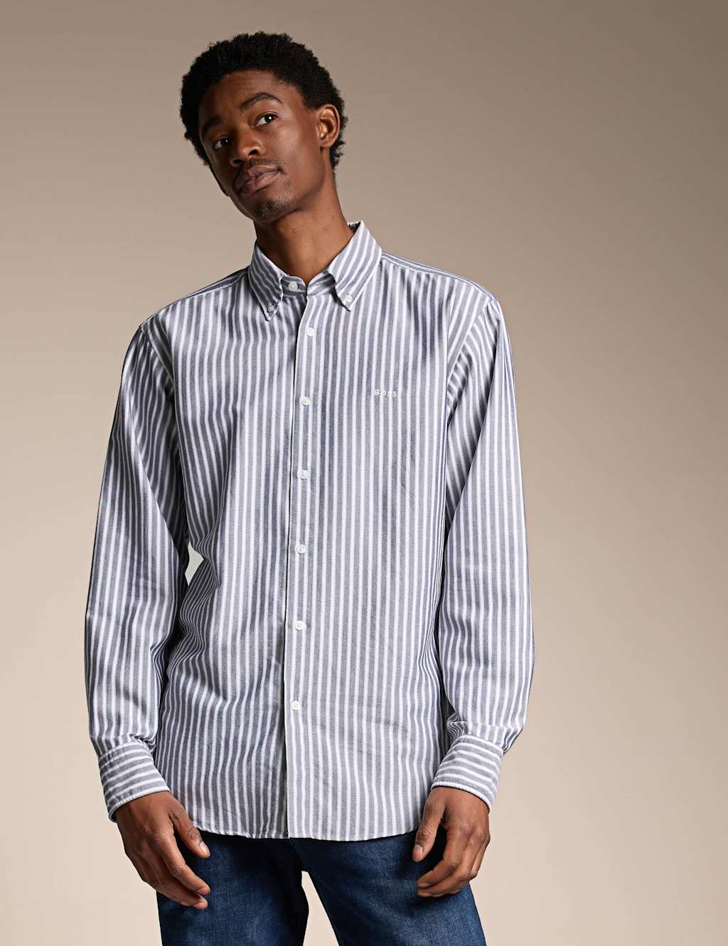 Boss Men's Regular Fit Cotton Blend Striped Shirt - L - Blue - Available at M&S
