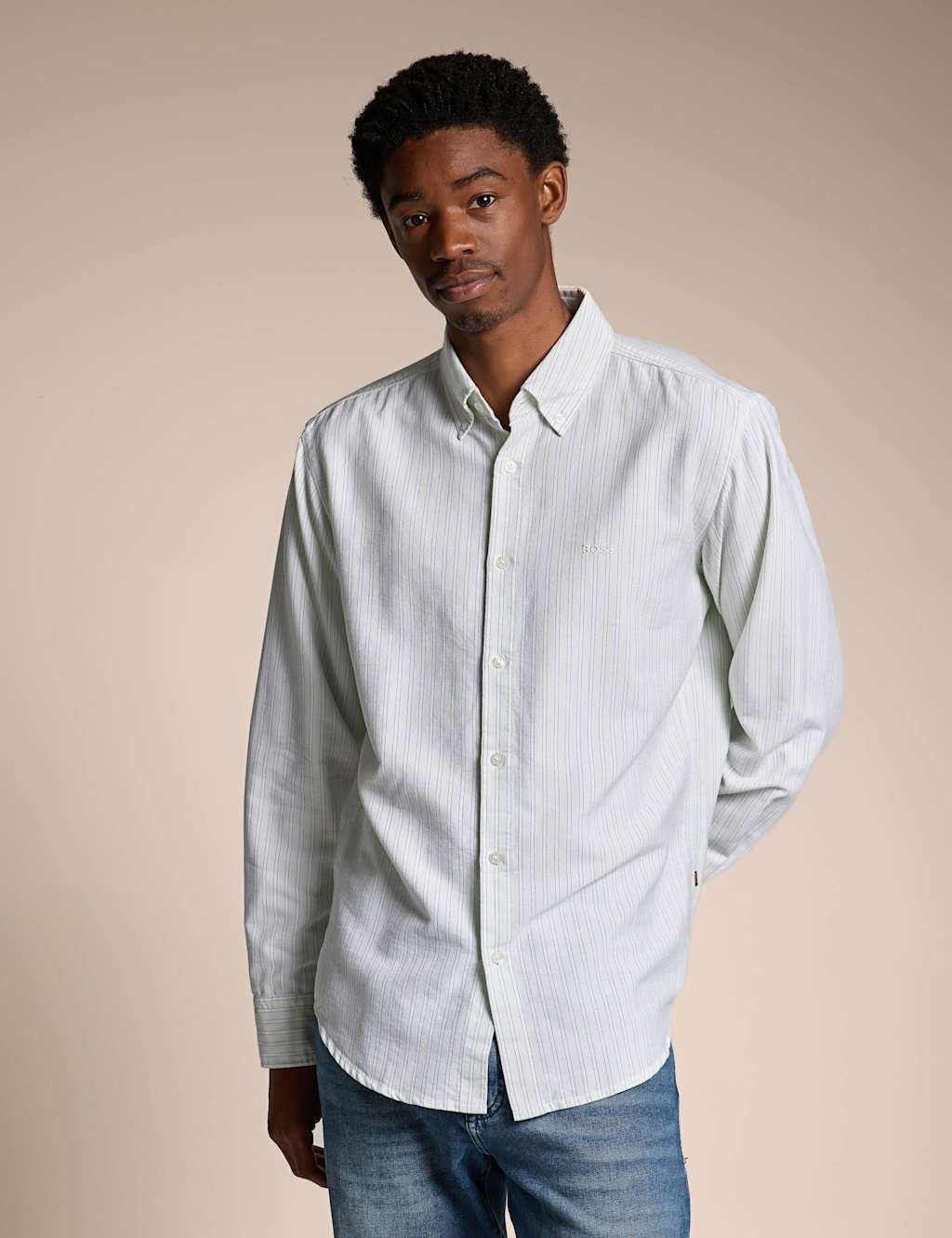 Boss Men's Regular Fit Cotton Blend Striped Shirt - M - Light Green - Available at M&S
