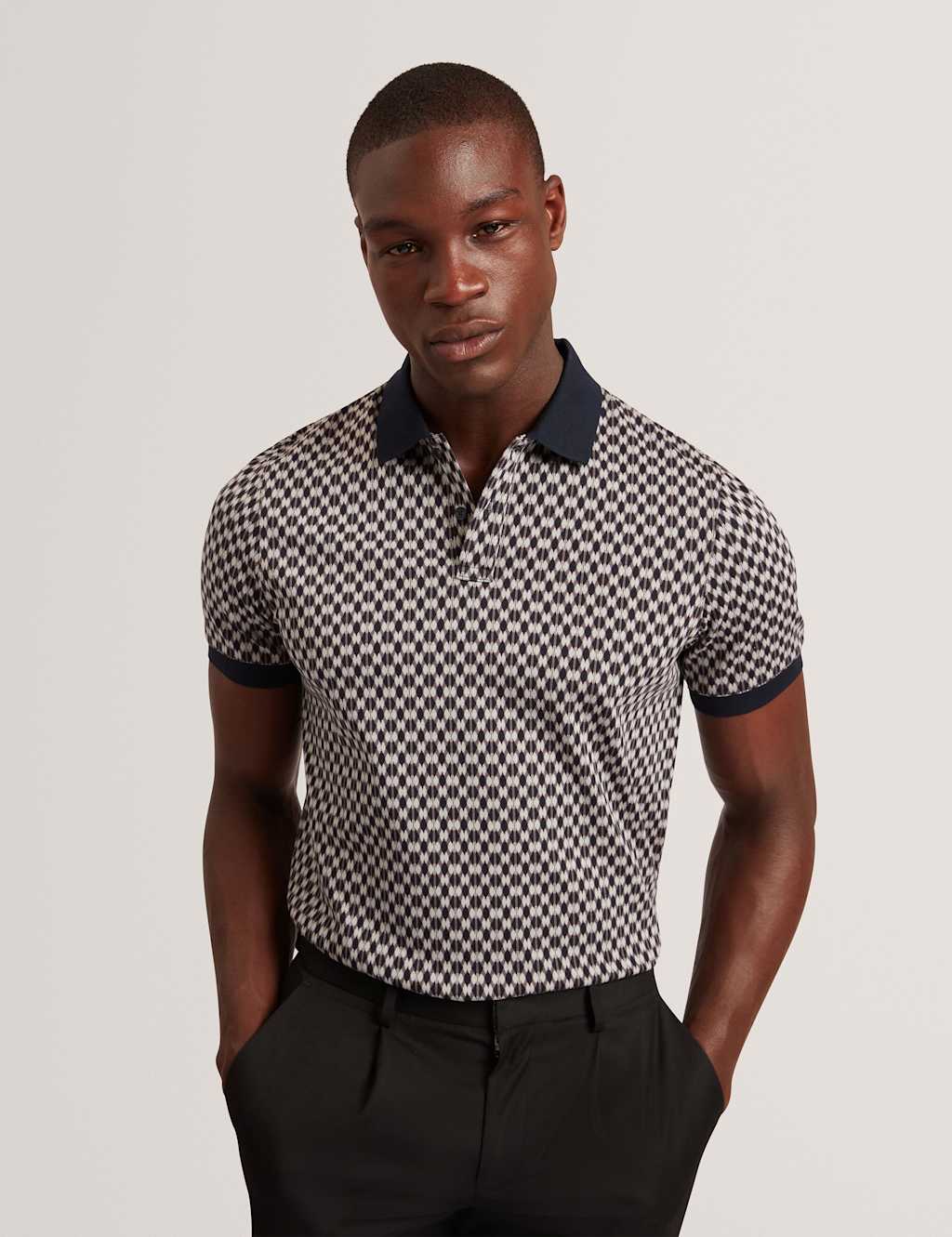 Ted Baker Pure Cotton Geometric Jacquard Polo Shirt Navy