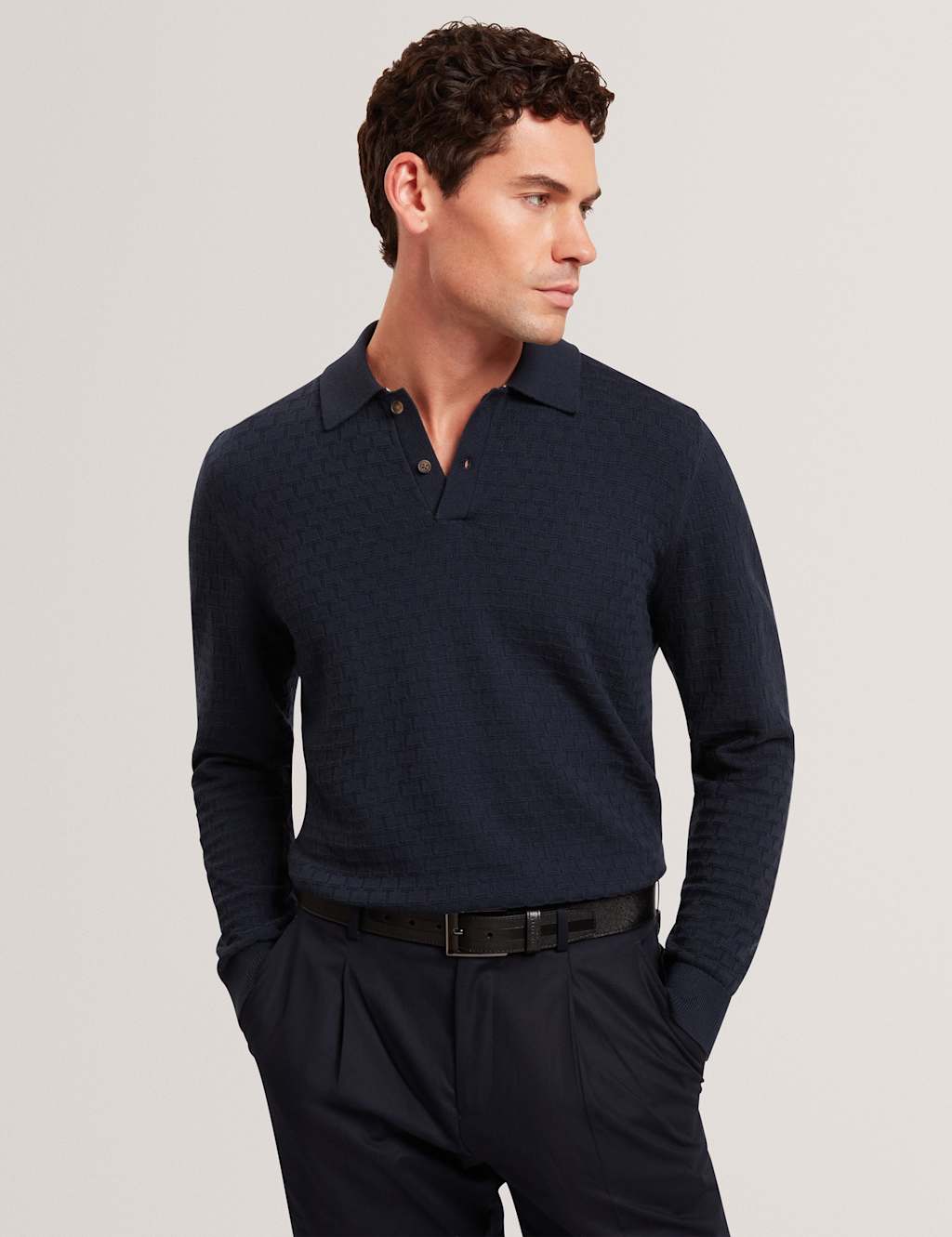 Ted Baker Cotton Rich Geometric Knitted Polo Shirt Navy