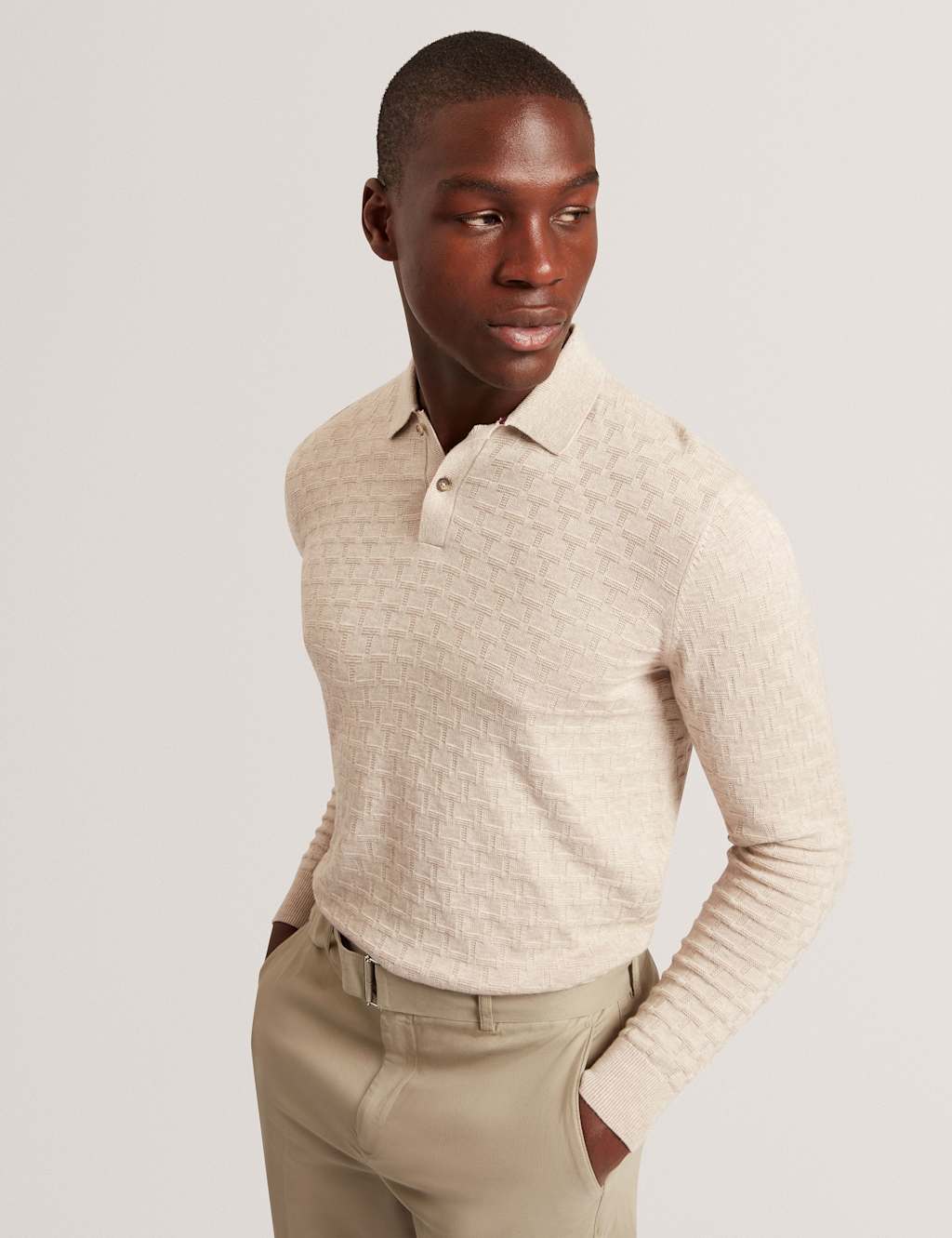 Ted Baker Cotton Rich Geometric Knitted Polo Shirt Beige