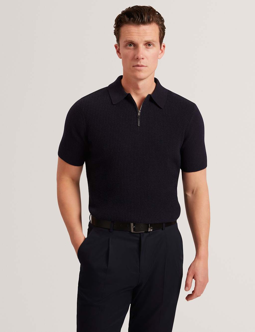 Ted Baker Pure Cotton Waffle Polo Shirt Navy