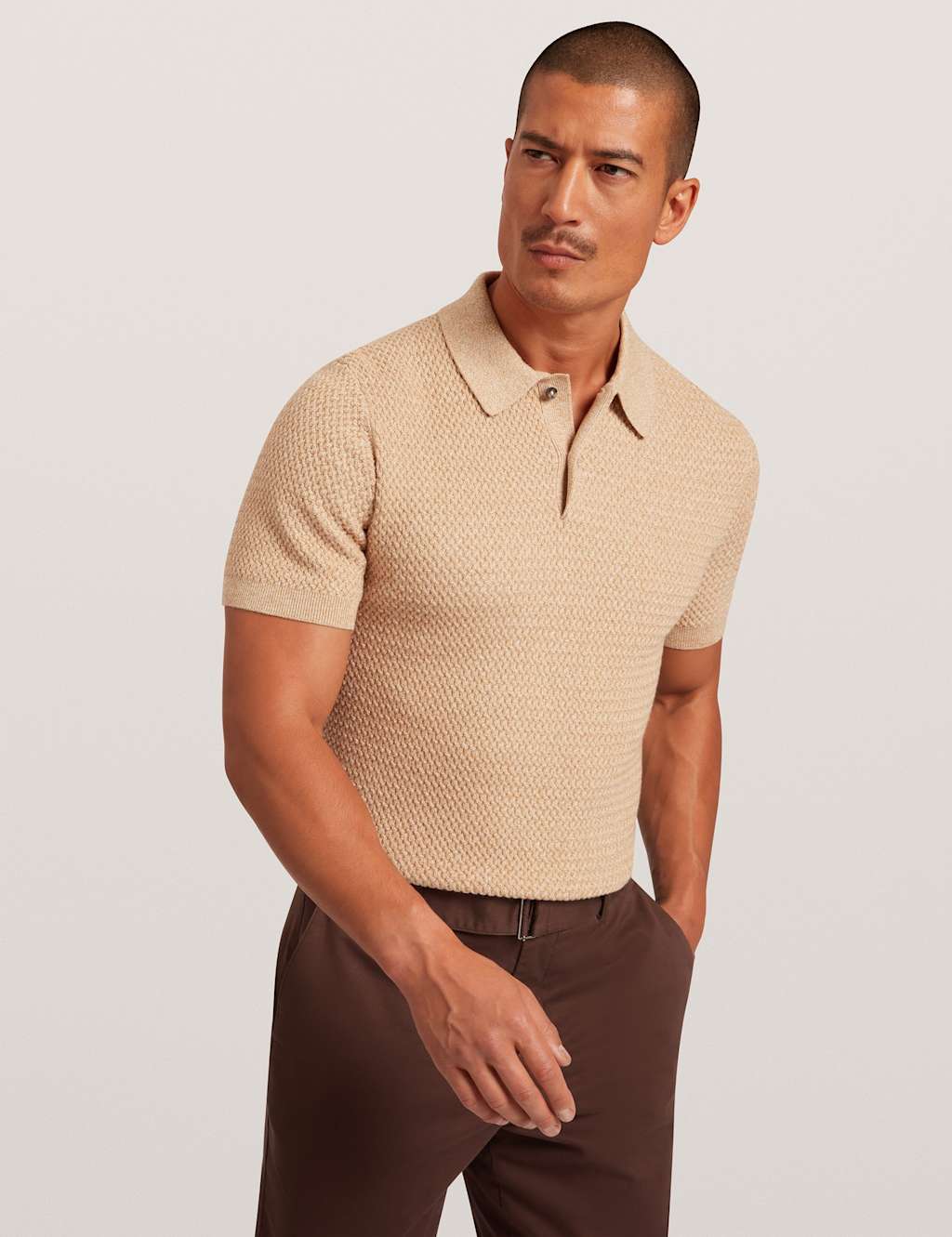 Ted Baker Textured Knitted Polo Shirt with Wool Camel
