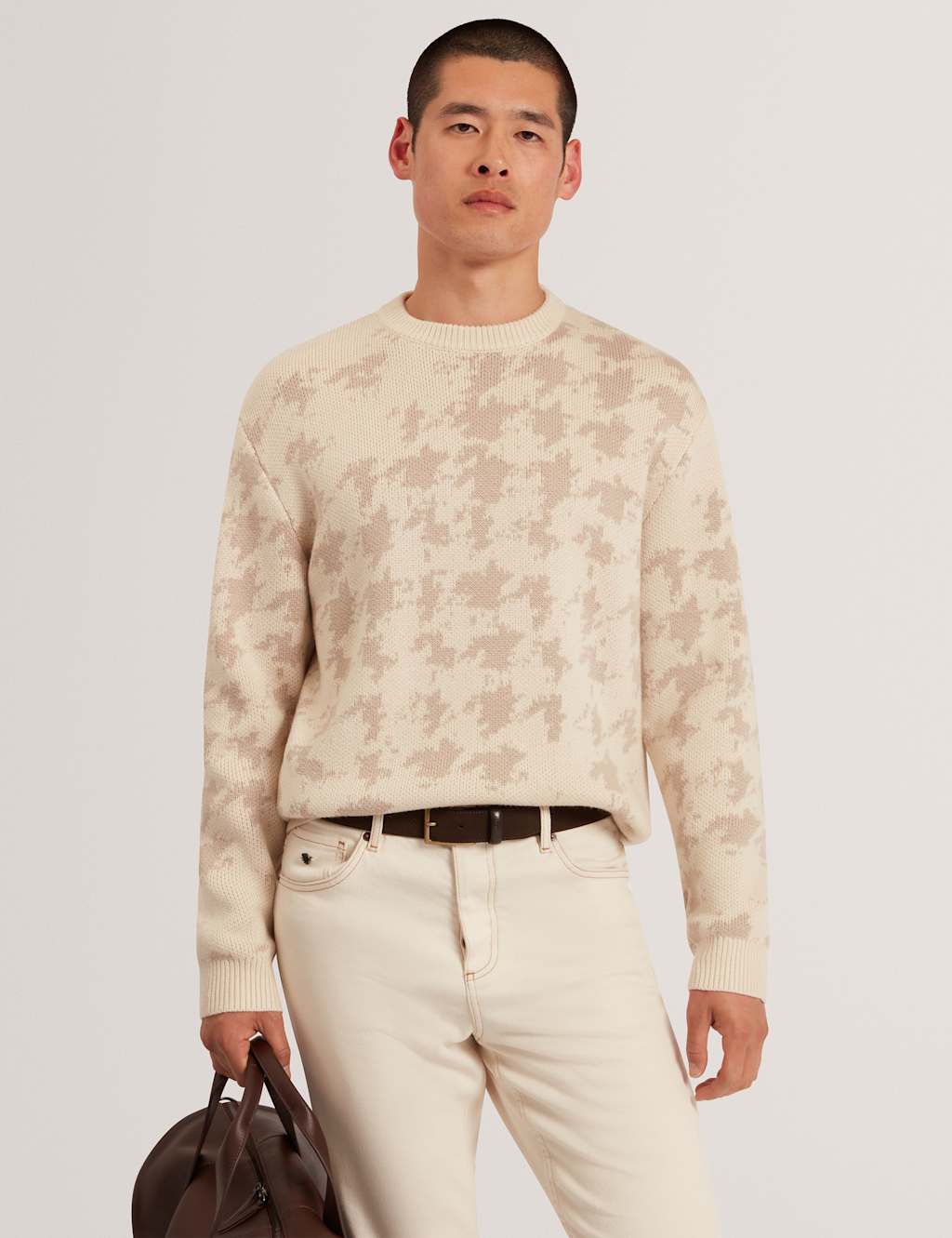 Ted Baker Houndstooth Crew Neck Jumper with Wool Cream