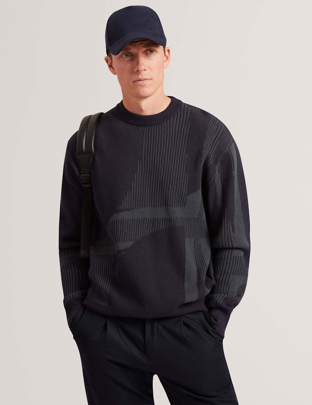 Ted Baker Ribbed Abstract Graphic Crew Neck Jumper Navy
