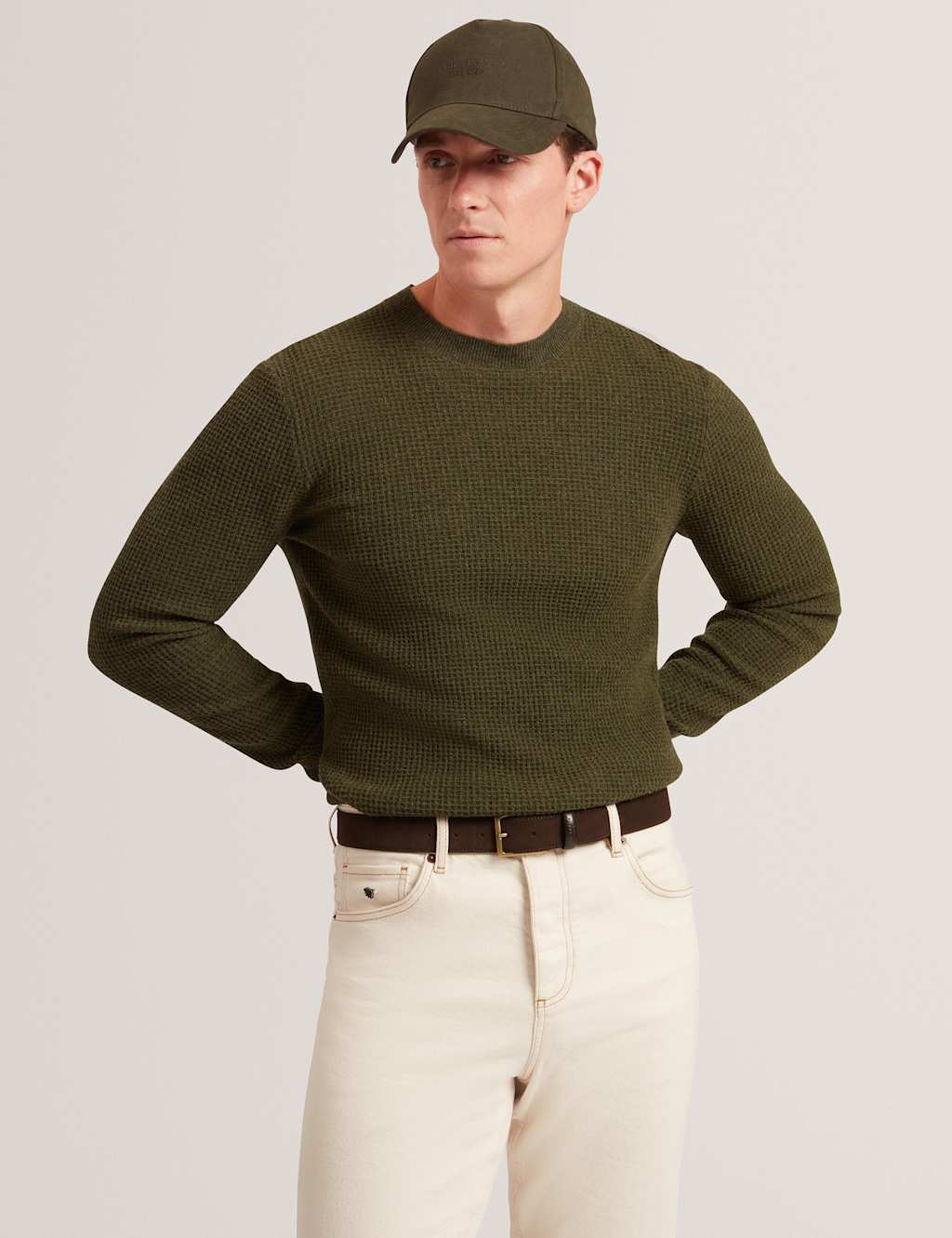 Ted Baker Wool Rich Waffle Textured Crew Neck Jumper Olive