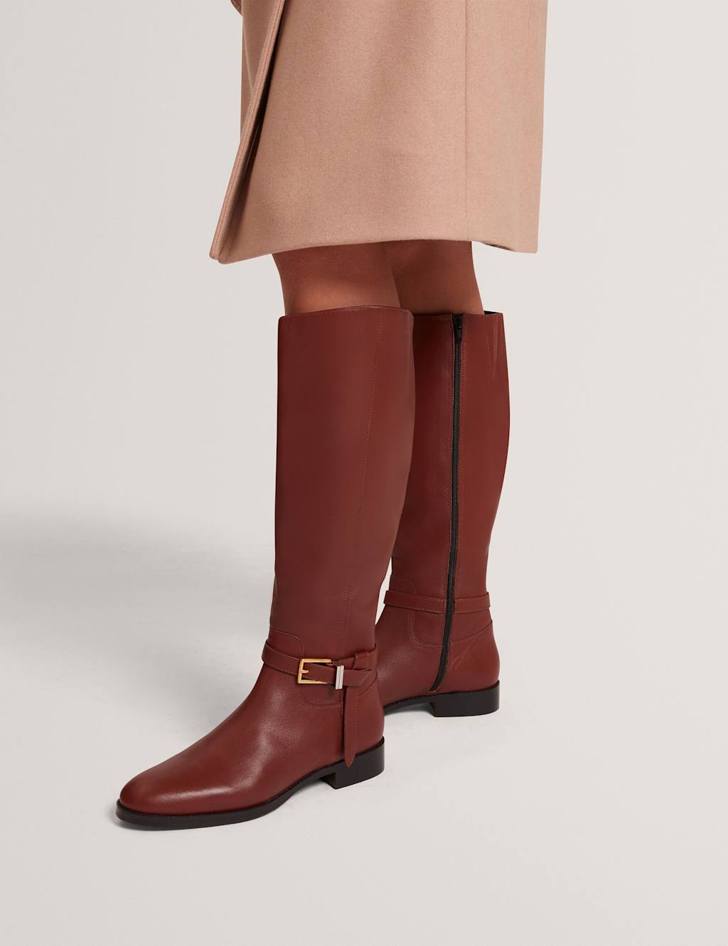 Ted Baker Leather Riding Buckle Flat Knee High Boots Tan