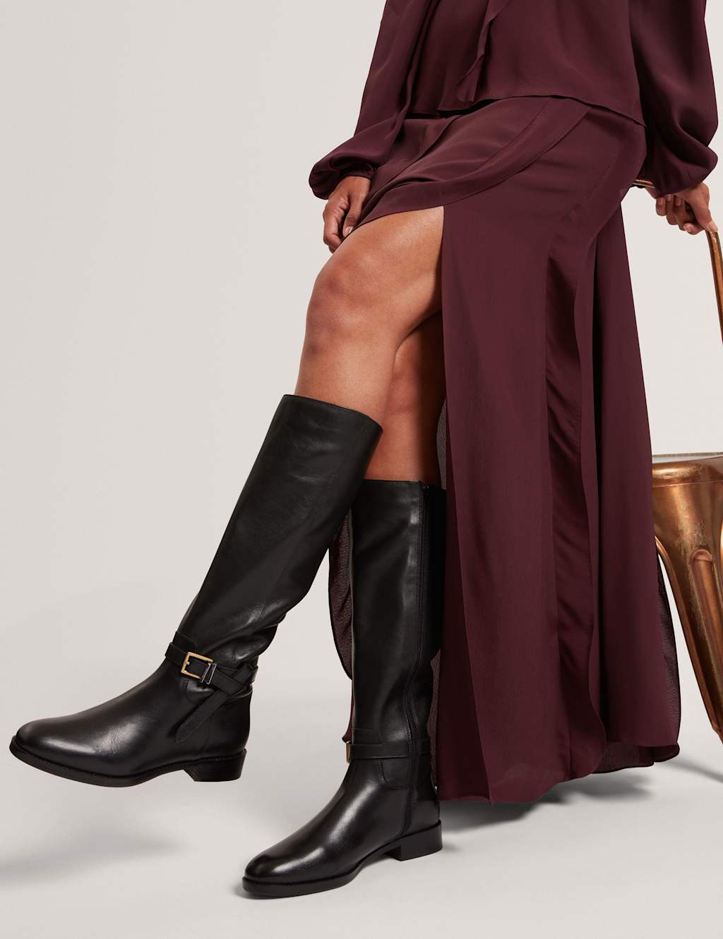 Ted Baker Leather Riding Buckle Flat Knee High Boots Black