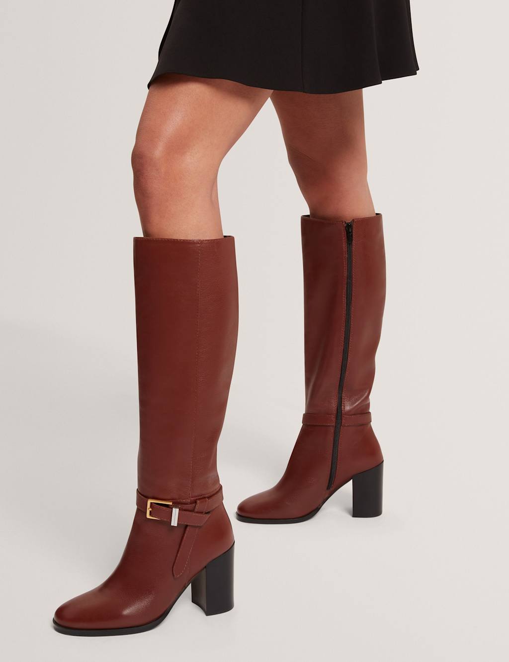 Ted Baker Leather Buckle Block Heel Over the Knee Boots Tan