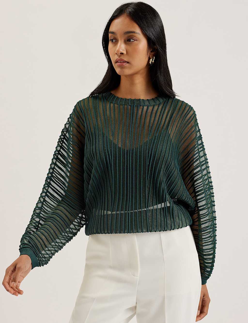 Ted Baker Sheer Striped Knitted Top Dark Green