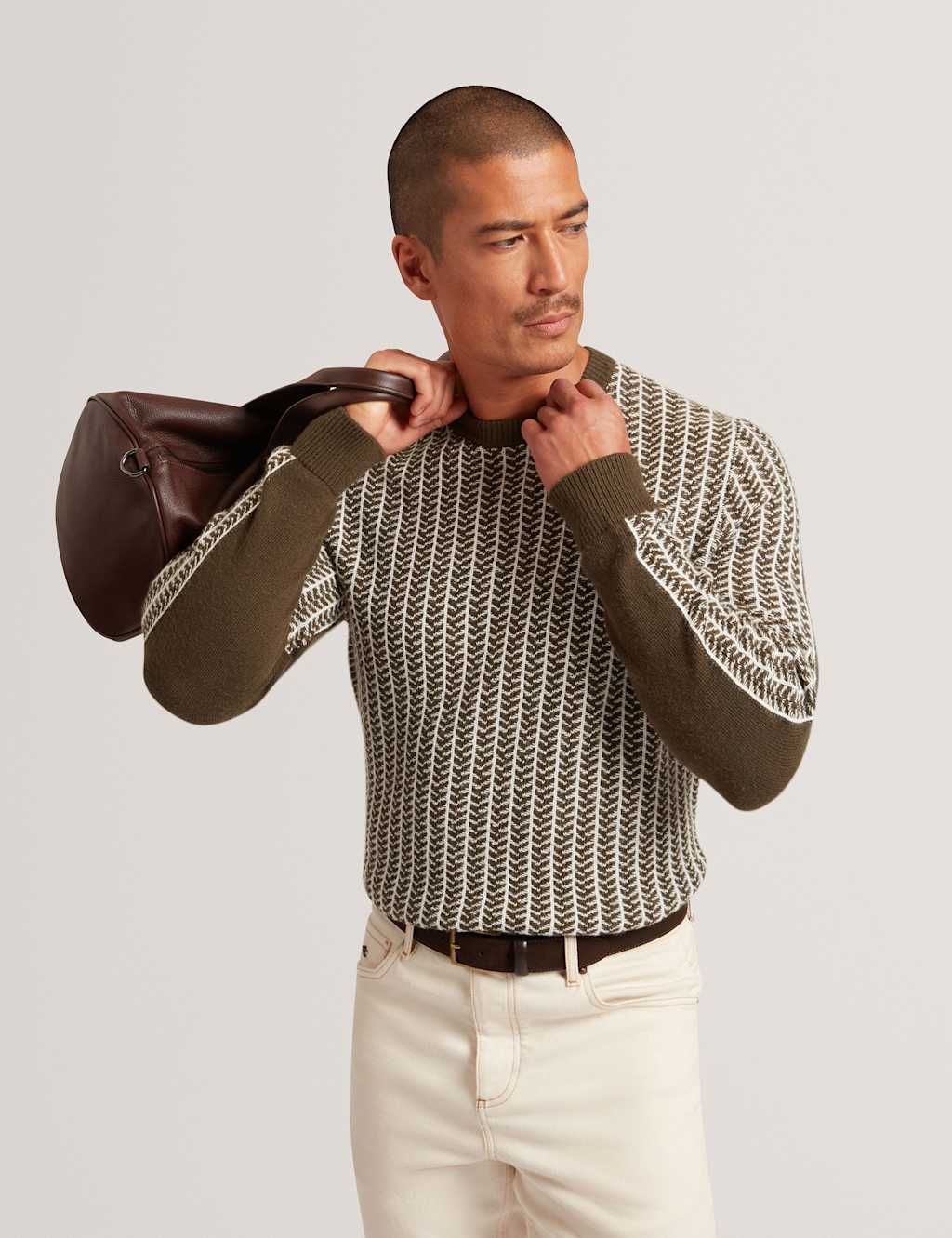 Ted Baker Striped Crew Neck Jumper with Cashmere Olive